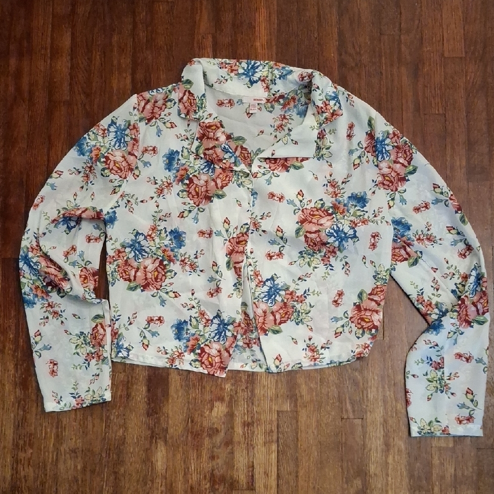 Bongo Floral White Blue Pink Open Blazer Satin Polyester Blouse